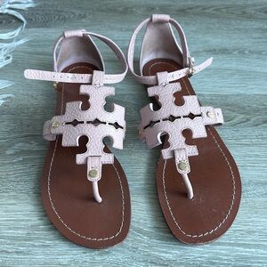 Tory Burch Pink 8.5 Flat Phoebe Leather Icon Logo Sandal